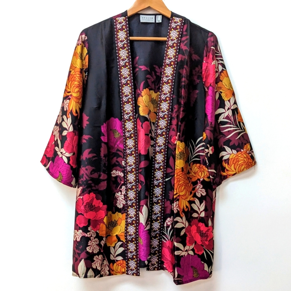 Stunning Silky Smooth Boho Floral Embroidered Open Front Style Kimono
